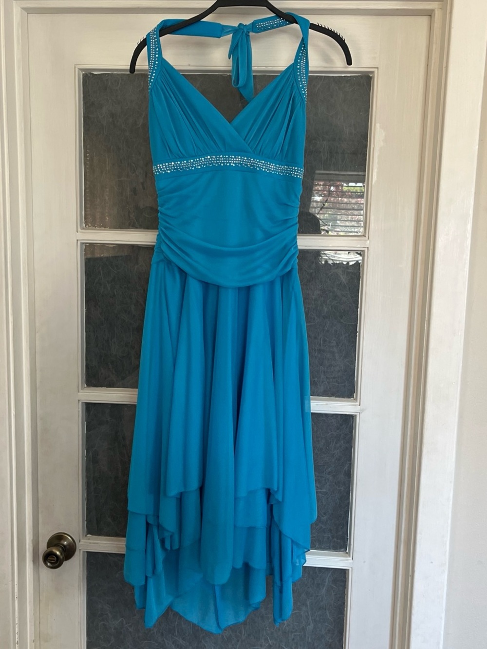 Y2k Turquoise Halter-Back High-Low Fairy  Dress with Rhinestone Accents - Picture 8 of 8